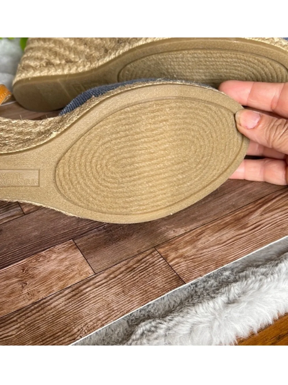 White Mountain Blue Canvas Espadrille Wedge Sandals with Tan Ankle Straps